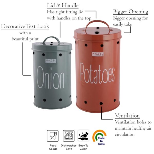 HAZEL Onion Potato Storage Container Set | Kitchen Storage Canisters with Lid | Airtight Leak Proof Steel Jar (Set of 2)