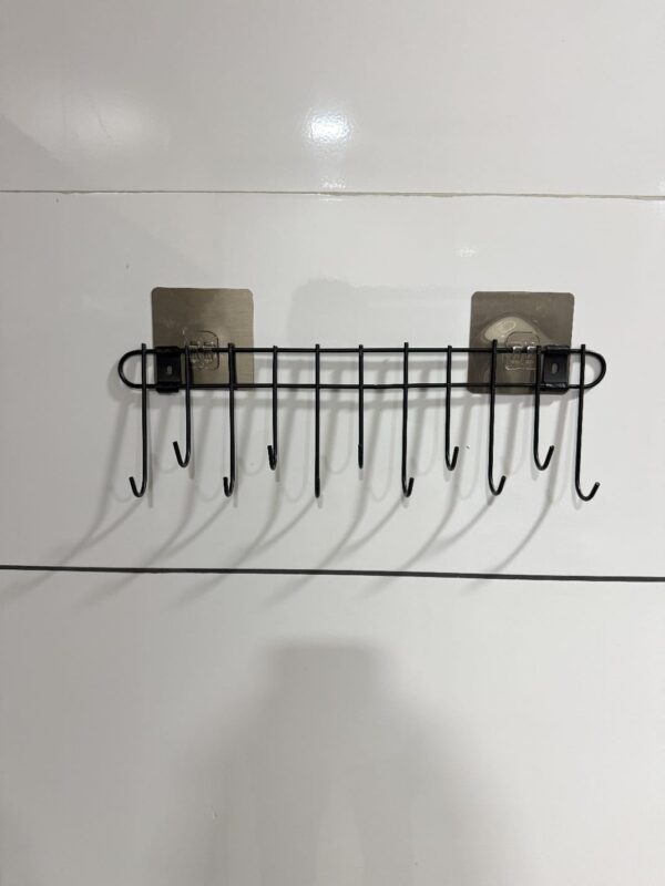 Wall Mounted Kitchen Utensil Hanger with Adhesive Hooks | Heavy Duty Metal Spoon & Ladle Holder Rack | No Drilling Kitchen Organizer for Cooking Tools, Cups & Accessories (Black)