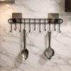 Wall Mounted Kitchen Utensil Hanger with Adhesive Hooks | Heavy Duty Metal Spoon & Ladle Holder Rack | No Drilling Kitchen Organizer for Cooking Tools, Cups & Accessories (Black)