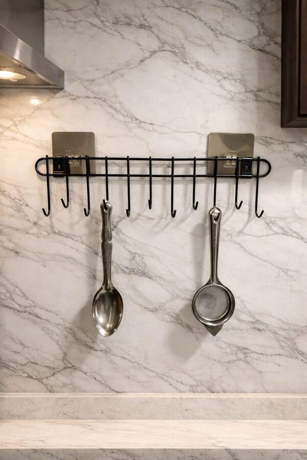 Wall Mounted Kitchen Utensil Hanger with Adhesive Hooks | Heavy Duty Metal Spoon & Ladle Holder Rack | No Drilling Kitchen Organizer for Cooking Tools, Cups & Accessories (Black)