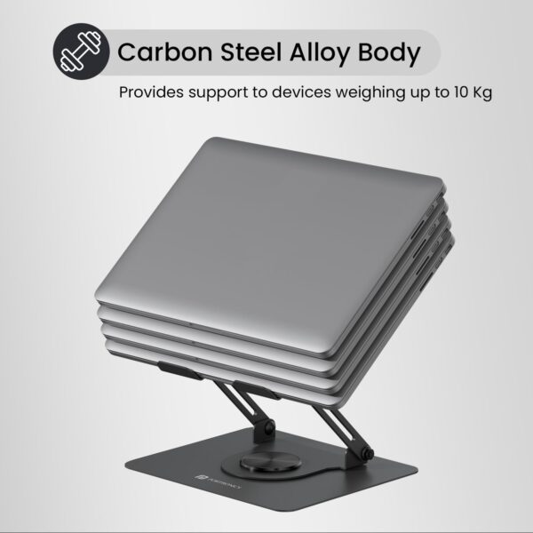 Portronics My Buddy K11 Metal Laptop Stand with 360° Rotation, Height & Angle Adjustable, Foldable Design, Improves Air Flow, Carbon Steel Body, 10 kg Max Weight for Laptops & MacBook (Black)