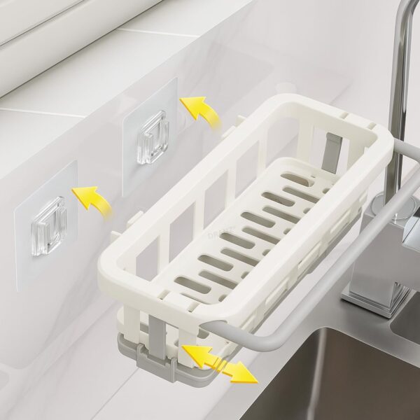 Two-Tone Hanging Drain Rack | Retractable Sink Storage Tray with Drying Basket | Self-Adhesive Sponge Holder & Organizer for Kitchen/Bathroom | No-Drill Wall Mounted, Space-Saving Plastic Rack