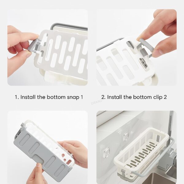 Two-Tone Hanging Drain Rack | Retractable Sink Storage Tray with Drying Basket | Self-Adhesive Sponge Holder & Organizer for Kitchen/Bathroom | No-Drill Wall Mounted, Space-Saving Plastic Rack