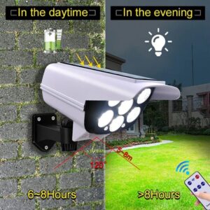 (1Pcs) Outdoor Motion Sensor Solar Lights, Lumens 77 LEDs Spotlight With Remote Controller, IP66 Waterproof, Wireless Dummy Decoy Fake Security Camera Garden Patio Driveway.