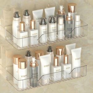 (2-Pack Self Adhesive Bathroom/Kitchen Organiser Shelf Without Drill | Wall Mounted Shelves for Bathroom, Kitchen, Living Room, Toilet | Accessiories with Durable PET Material (Transparent)