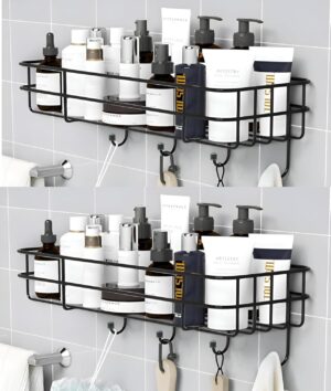 2-Pack Shelf Adhesive Bathroom Storage Organiser Shelf Washroom Organizer Accessories Shelves Kitchen Storage Rack with 4-Hooks for Holding Towel (Large)