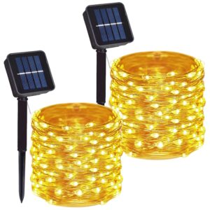 2 Pack Total 200 LED 66FT Solar Powered Copper Wire String Lights Outdoor, Waterproof, 8 Modes Fairy Lights for Garden, Patio, Party, Yard, Christmas (Warm White)