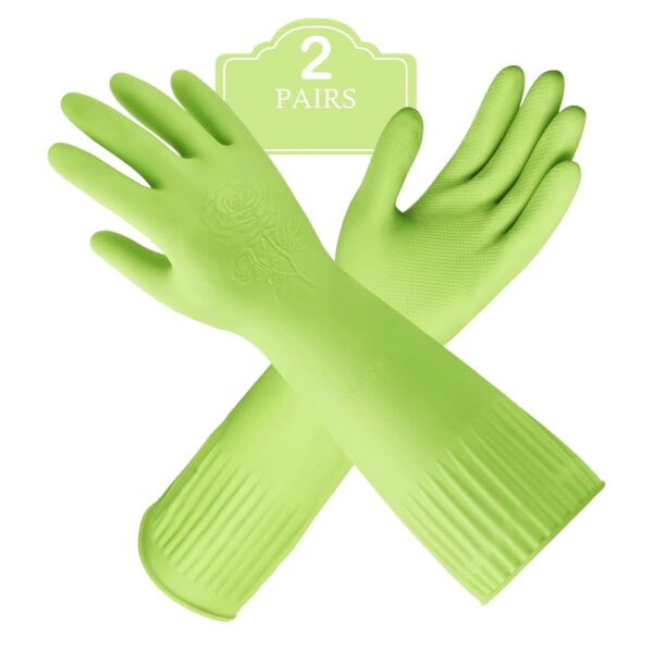 2 Pairs of Durable Rubber Gloves, Reusable Non-Slip Cleaning Gloves, 2 Pairs of Durable Rubber Gloves, Reusable Non-Slip Cleaning Gloves, Long-Sleeved Waterproof Dishwashing Gloves to Protect Hands, Soft and Comfortable Premium Kitchen Gloves, (Small Green)