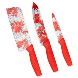 3 Piece Stainless Steel Kitchen Knife Set Red Decorative Printed 3 Piece Stainless Steel Kitchen Knife Set Red Decorative Printed Floral Pattern Knives for Slicing Vegetables Fruits Meat and Dry Fruits Multipurpose Sharp Edge Blades-Red