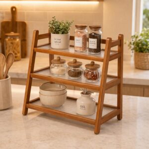 3-Tier Bamboo & Fiber Countertop Rack | Multi-Purpose Slanted Display Shelf
