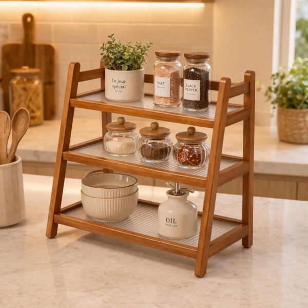 3-Tier Bamboo & Fiber Countertop Rack | Multi-Purpose Slanted Display Shelf