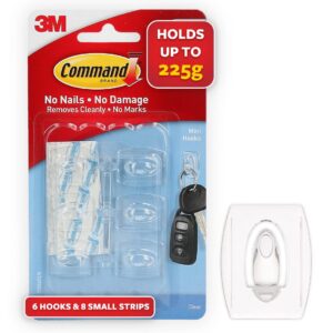 3M Command Clear Mini Wall Hooks, holds 225gms, no paint 3M Command Clear Mini Wall Hooks, holds 225gms, no paint damage, Holds Strongly, Adhesive hooks for wall, Reusable, Multi-surface (Transparent, 6 hooks, 8 strips)