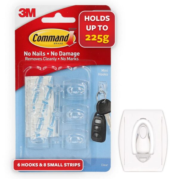 3M Command Clear Mini Wall Hooks, holds 225gms, no paint damage, Holds Strongly, Adhesive hooks for wall, Reusable, Multi-surface (Transparent, 6 hooks, 8 strips)