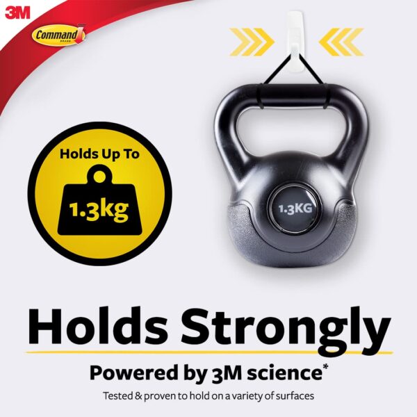 3M Command Medium Wall Hooks, Holds 1.3kg, No paint damage, Heavy Duty, Holds Strongly, Reusable, Adhesive hooks for wall, Multi-surface (White, 2hooks, 4 strips)