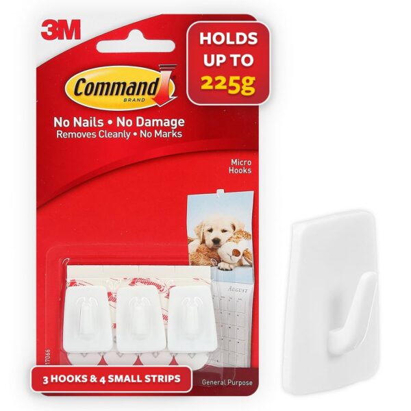 3M Command Micro Wall Hooks, Holds 225gms, No paint Damage, 3M Command Micro Wall Hooks, Holds 225gms, No paint Damage, Holds Strongly, Reusable, Adhesive hooks for wall, Multi-surface (White, 3 hooks, 4 strips)