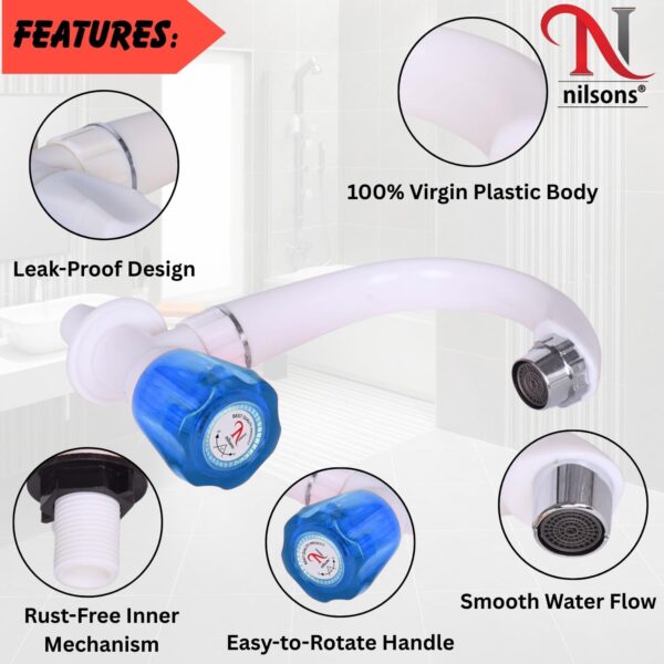 3PCS Sink Cock Tap Combo | Wall Mounted Swan Neck Water Tap with Crystal Blue Handle | Unbreakable PVC Kitchen & Basin Faucet | 15mm Thread | Leakproof Long Neck Tap for Home/Utility