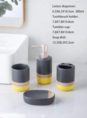 4-Piece Ceramic Bathroom Accessory Set | Soap Dispenser, Toothbrush Holder, 4-Piece Ceramic Bathroom Accessory Set | Soap Dispenser, Toothbrush Holder, Tumbler & Soap Dish | Modern Stone Finish Bathroom Set for Home & Hotel (Ceramic Bathroom 4PCS 22935)