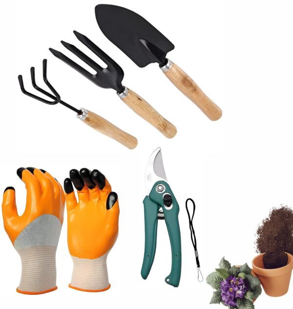 5 Piece Gardening Tool Set |Wooden Handle Hand Cultivator, Trowel, Garden Fork, Pruner with Flower Cutter and Gloves