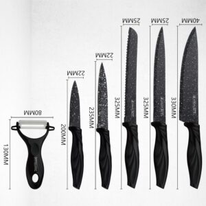 6 Piece Kitchen Knife Set Dishwasher Safe, Sharp Stainless Steel Knife Set, Kitchen Knives Sets Professional with Sheaths Rainbow Non StickIndian-Black