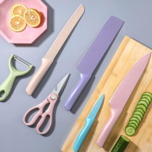 6-Piece Stainless Steel Colorful Kitchen Knife Set with Wheat Straw Handle | Nonstick Blades | Includes Scissors & Peeler | Chef’s Knife, Fruit & Vegetable Slicer, Gift Box