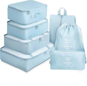 7pcs Set Travel Organizer Packing Cubes Lightweight Travel Luggage Organizers with Laundry Bag or Toiletry Bag Laundry Organiser (Blue, 7 PCS) Polyester, 20 x 10 x 5 cm