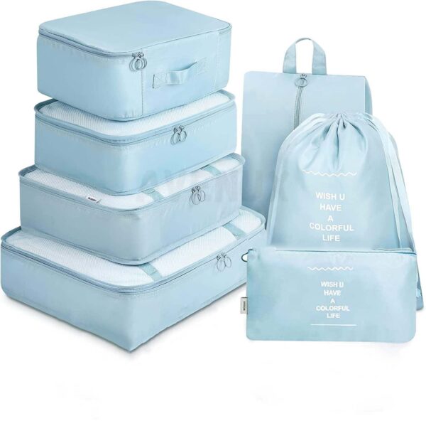 7pcs Set Travel Organizer Packing Cubes Lightweight Travel Luggage Organizers with Laundry Bag or Toiletry Bag Laundry Organiser (Blue, 7 PCS) Polyester, 20 x 10 x 5 cm