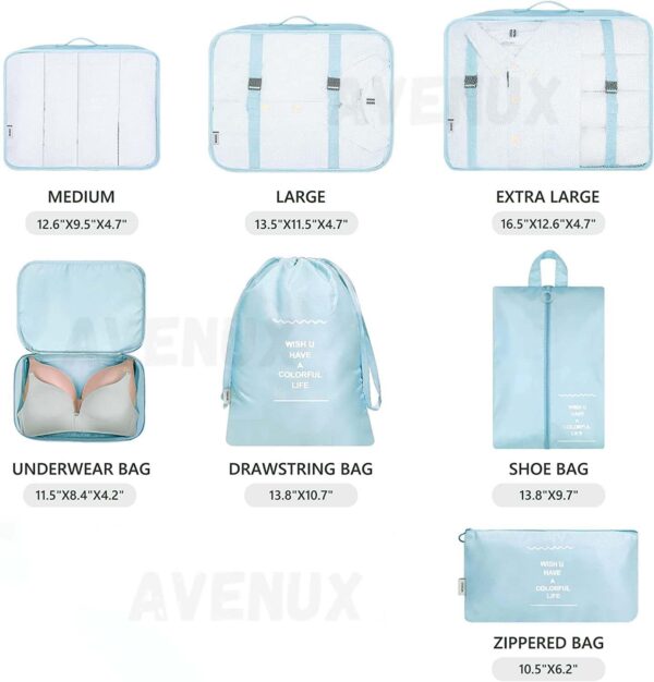 7pcs Set Travel Organizer Packing Cubes Lightweight Travel Luggage Organizers with Laundry Bag or Toiletry Bag Laundry Organiser (Blue, 7 PCS) Polyester, 20 x 10 x 5 cm