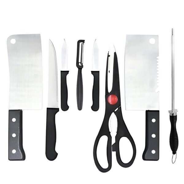 8-Piece Kitchen Knife Set with Meat & Veg Knives, Scissor, Peeler & Sharpener - Multipurpose Stainless Steel Knife Set for Home & Professional Use - Ergonomic Handles