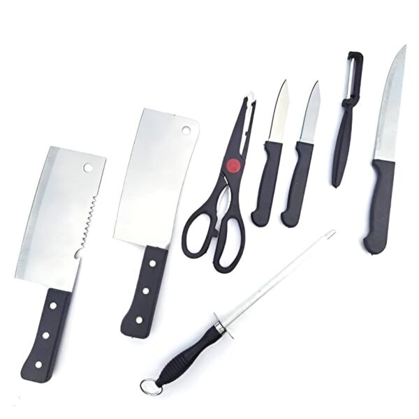 8-Piece Kitchen Knife Set with Meat & Veg Knives, Scissor, Peeler & Sharpener - Multipurpose Stainless Steel Knife Set for Home & Professional Use - Ergonomic Handles