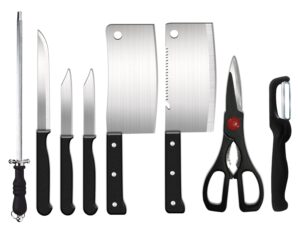 8-Piece Kitchen Knife Set – 3 Vegetable & Fruit Knives, 2 Meat Knives, Scissor, Knife Sharpener, Peeler – Complete Set for All Kitchen Tasks, Professional Cooking Tool Kit