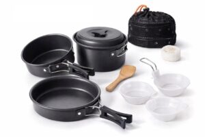 9 Pcs Camping Cookware Mess Kit Backpacking Gear & Hiking Outdoor Cooking Set with Carry Bag, Lightweight, Compact, & Durable Pot Pan Bowls