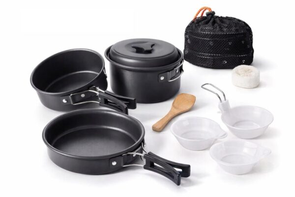 9 Pcs Camping Cookware Mess Kit Backpacking Gear & Hiking Outdoor Cooking Set with Carry Bag, Lightweight, Compact, & Durable Pot Pan Bowls