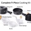 9 Pcs Camping Cookware Mess Kit Backpacking Gear & Hiking Outdoor Cooking Set with Carry Bag, Lightweight, Compact, & Durable Pot Pan Bowls