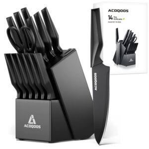 ACOQOOS-ACOQOOS Block Knife Set, Kitchen Knife Sets 14 Pieces Internal Sharpener, Chopping, Slicing, Kitchen Knives for Cube Cutting