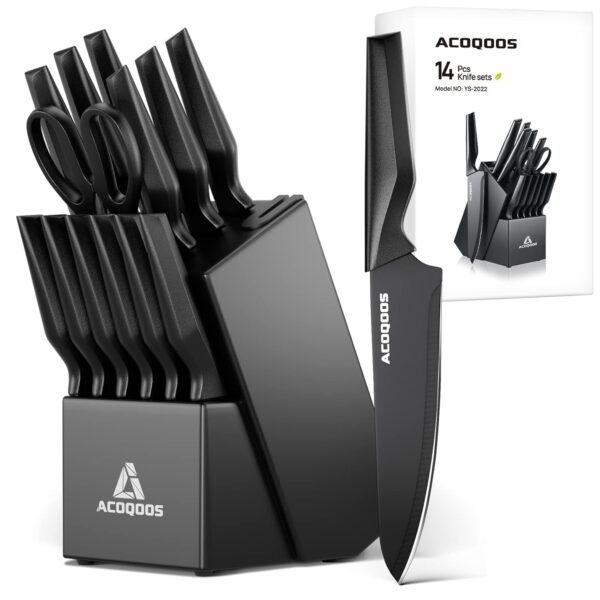 ACOQOOS-ACOQOOS Block Knife Set, Kitchen Knife Sets 14 Pieces Internal Sharpener, Chopping, Slicing, Kitchen Knives for Cube Cutting