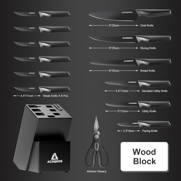 ACOQOOS-ACOQOOS Block Knife Set, Kitchen Knife Sets 14 Pieces Internal Sharpener, Chopping, Slicing, Kitchen Knives for Cube Cutting