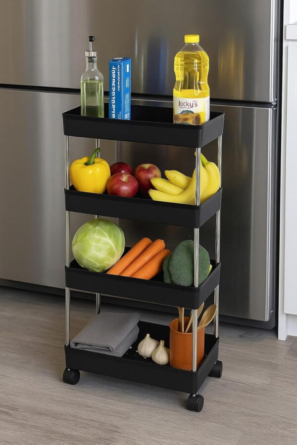 AEXONIZ TOYS Plastic Kitchen Storage Trolley Rack with Wheels, Slide Out Storage Shelves Space Saving Home Storage Organizer Racks, Rolling Utility Cart (Black, 4 Layer)