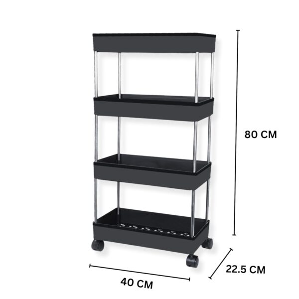 AEXONIZ TOYS Plastic Kitchen Storage Trolley Rack with Wheels, Slide Out Storage Shelves Space Saving Home Storage Organizer Racks, Rolling Utility Cart (Black, 4 Layer)