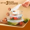 AGARO Borosilicate Glass Containers with Lids, 3 pcs Set, 370ml, 640ml &1040ml, Kitchen, Microwave, Oven & Freezer Safe, Baking Dish, Rectangle, Baking Tray, Scratch Resistant, Transparent