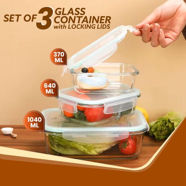 AGARO Borosilicate Glass Containers with Lids, 3 pcs Set, 370ml, 640ml &1040ml, Kitchen, Microwave, Oven & Freezer Safe, Baking Dish, Rectangle, Baking Tray, Scratch Resistant, Transparent
