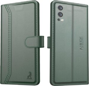 AIBEX ® Compatible for OnePlus Nord 2 5G Flip Cover Leather Finish | Inside TPU with Card Pockets | Wallet Stand | Complete Protection Flip Case - Green