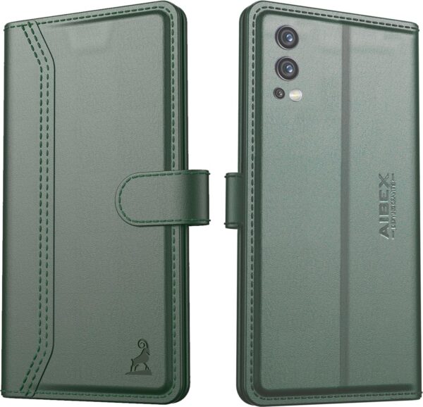 AIBEX ® Compatible for OnePlus Nord 2 5G Flip Cover AIBEX ® Compatible for OnePlus Nord 2 5G Flip Cover Leather Finish | Inside TPU with Card Pockets | Wallet Stand | Complete Protection Flip Case - Green
