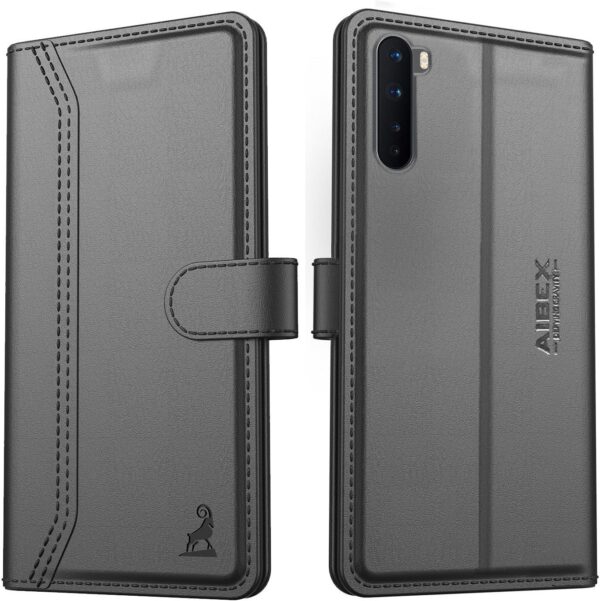 AIBEX ® Compatible for OnePlus Nord Flip Cover Leather Finish AIBEX ® Compatible for OnePlus Nord Flip Cover Leather Finish | Inside TPU with Card Pockets | Wallet Stand | Complete Protection Flip Case - Black