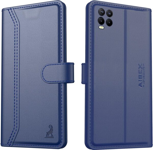 AIBEX ® Compatible for Realme 8 4G / Realme 8 AIBEX ® Compatible for Realme 8 4G / Realme 8 Pro Flip Cover Leather Finish | Inside TPU with Card Pockets | Wallet Stand | Complete Protection Flip Case - Blue