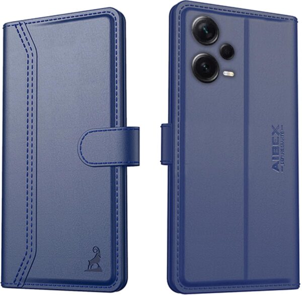 AIBEX ® Compatible for Redmi Note 12 Pro 5G Flip AIBEX ® Compatible for Redmi Note 12 Pro 5G Flip Cover Leather Finish | Inside TPU with Card Pockets | Wallet Stand | Complete Protection Flip Case - Blue