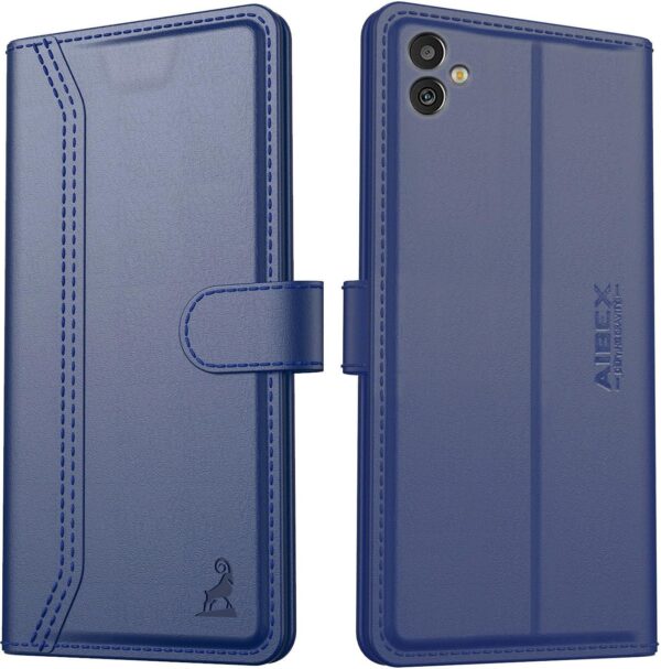AIBEX ® Compatible for Samsung M13 5G Flip Cover Leather AIBEX ® Compatible for Samsung M13 5G Flip Cover Leather Finish | Inside TPU with Card Pockets | Wallet Stand | Complete Protection Flip Case - Blue