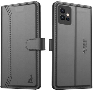 AIBEX ® Compatible for Vivo T1 5G / Vivo Y75 5G / iQOO Z6 5G Flip Cover Leather Finish | Inside TPU with Card Pockets | Wallet Stand | Complete Protection Flip Case - Black