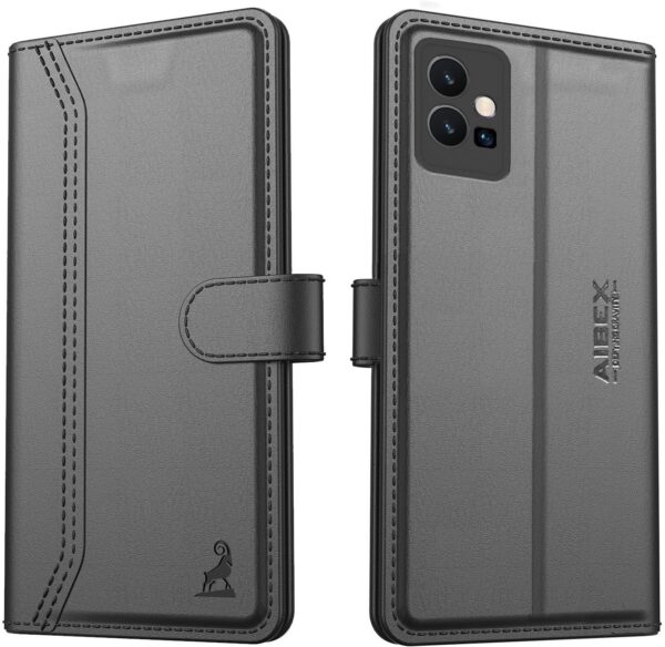 AIBEX ® Compatible for Vivo T1 5G / Vivo Y75 AIBEX ® Compatible for Vivo T1 5G / Vivo Y75 5G / iQOO Z6 5G Flip Cover Leather Finish | Inside TPU with Card Pockets | Wallet Stand | Complete Protection Flip Case - Black
