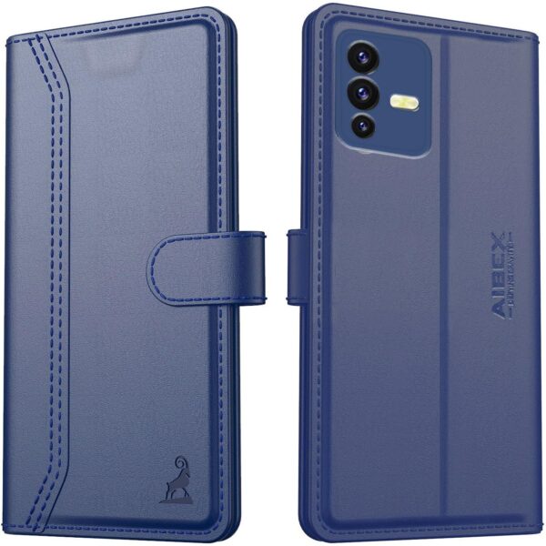 AIBEX ® Compatible for Vivo V23 Flip Cover Leather Finish AIBEX ® Compatible for Vivo V23 Flip Cover Leather Finish | Inside TPU with Card Pockets | Wallet Stand | Complete Protection Flip Case - Blue