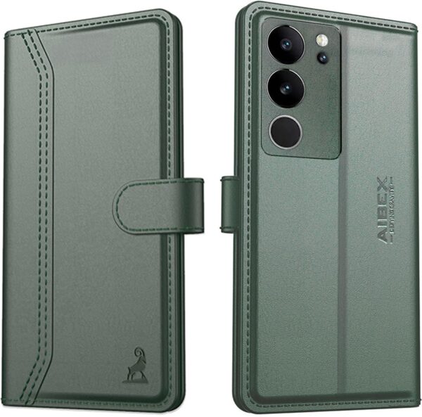 AIBEX ® Compatible for Vivo V29 Pro 5G / Vivo AIBEX ® Compatible for Vivo V29 Pro 5G / Vivo V29 5G Flip Cover Leather Finish | Inside TPU with Card Pockets | Wallet Stand | Complete Protection Flip Case - Green